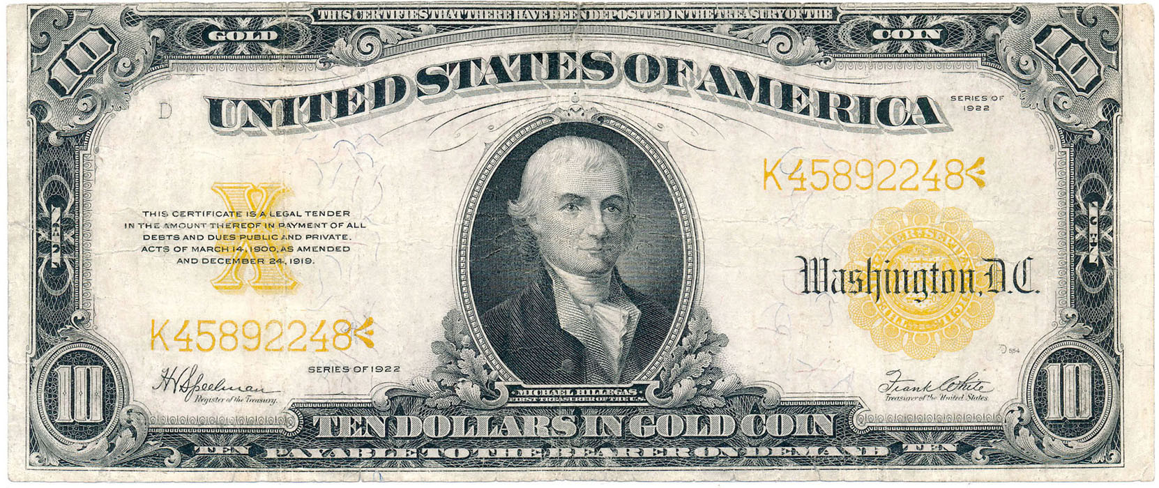 USA. 10 dolarów 1922 Gold certyficate, Large size, seria K